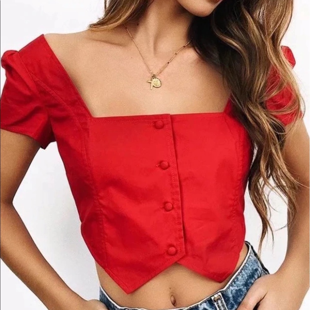 Red Puff Sleeves Button Down Square Neck Crop Top